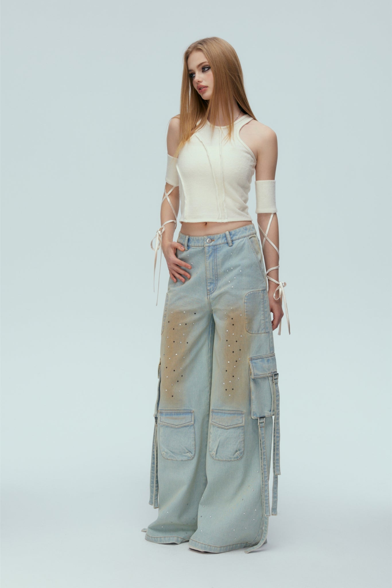 Beige Sleeve Garter Lace-Up Top