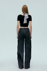Grey & Pink Satin Tie-Detail Short Sleeve Top