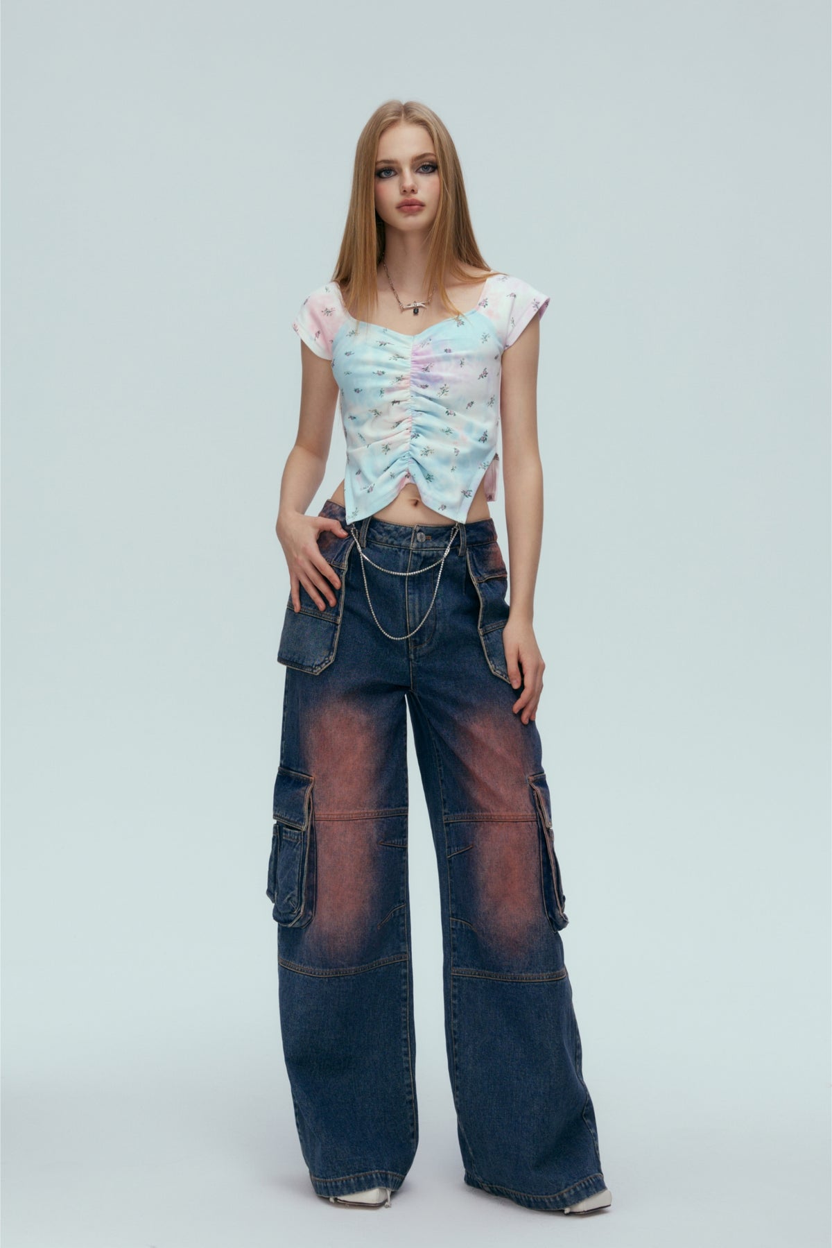 Washed Blue Cargo Pocket Turn-Up Jeans