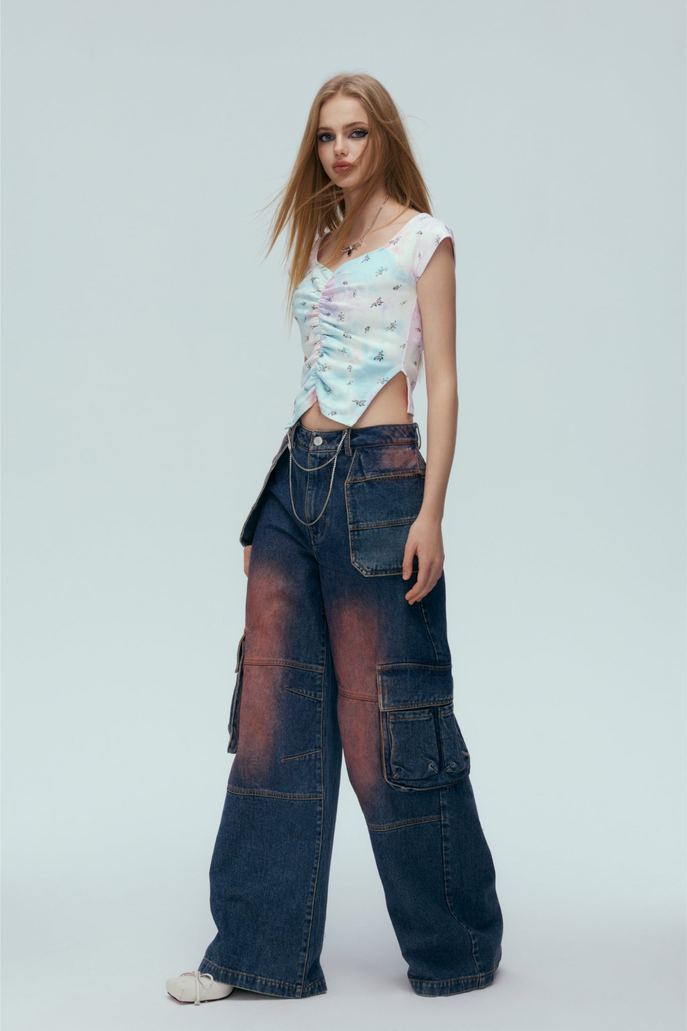 Washed Blue Cargo Pocket Turn-Up Jeans