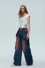 Washed Blue Cargo Pocket Turn-Up Jeans
