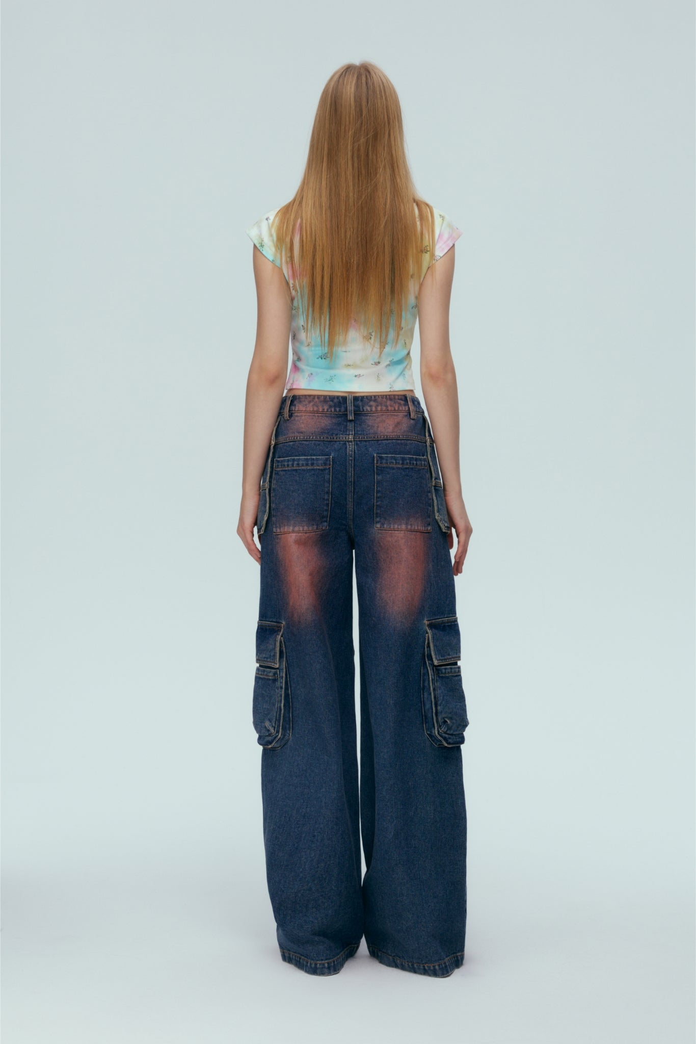 Washed Blue Cargo Pocket Turn-Up Jeans