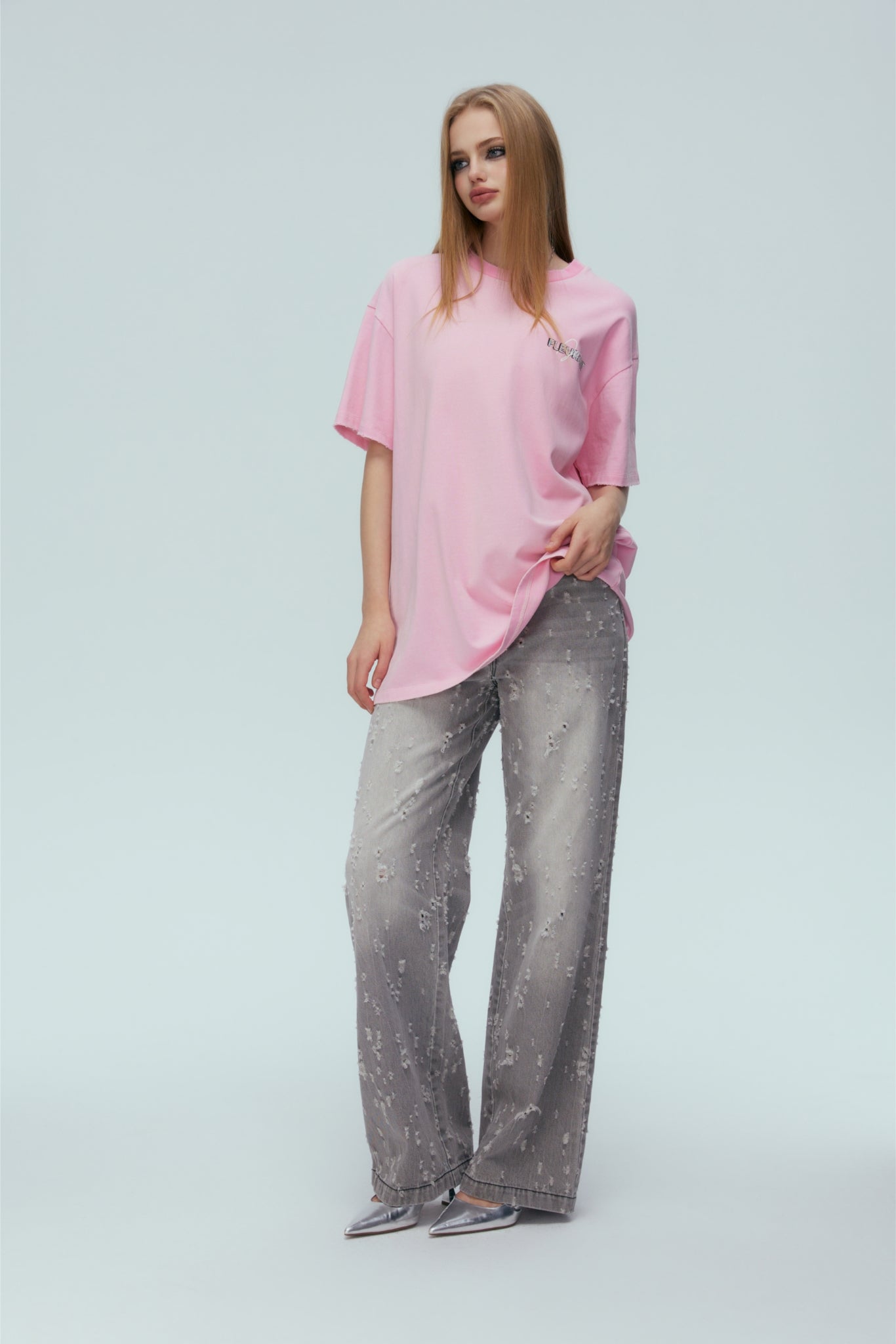 Washed Pink Floral Logo Short Sleeve Top