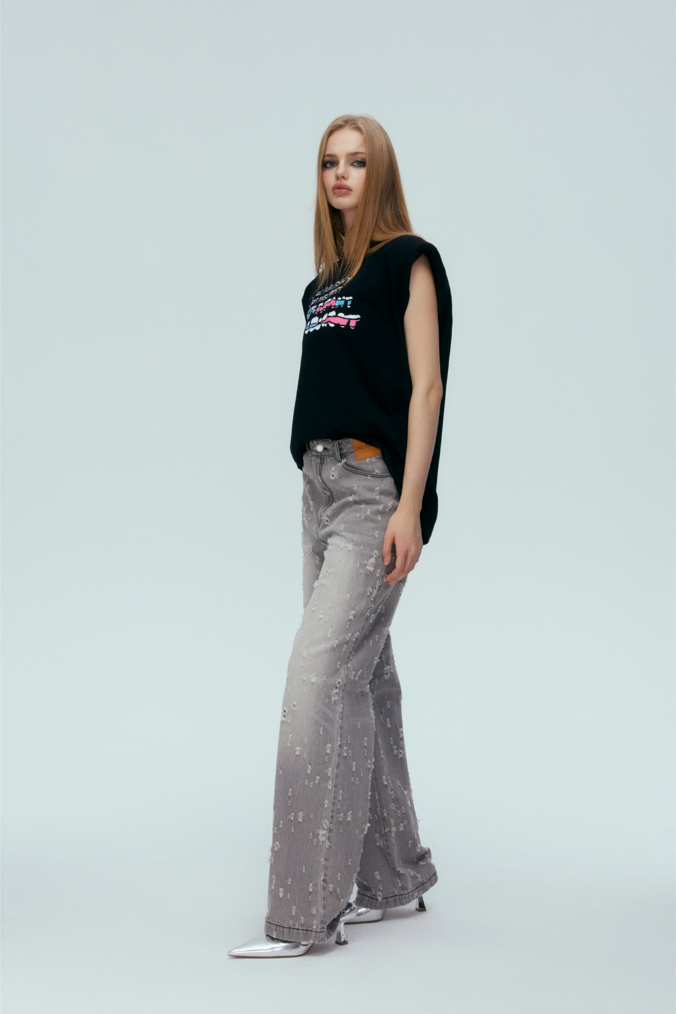 Washed Grey Bullet Hole Straight Leg Patch Jeans