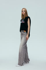 Washed Grey Bullet Hole Straight Leg Patch Jeans