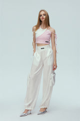 White Satin Pocket Casual Pants