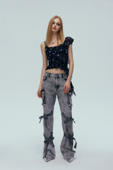 Washed Grey Tie-Detail Pocket Jeans