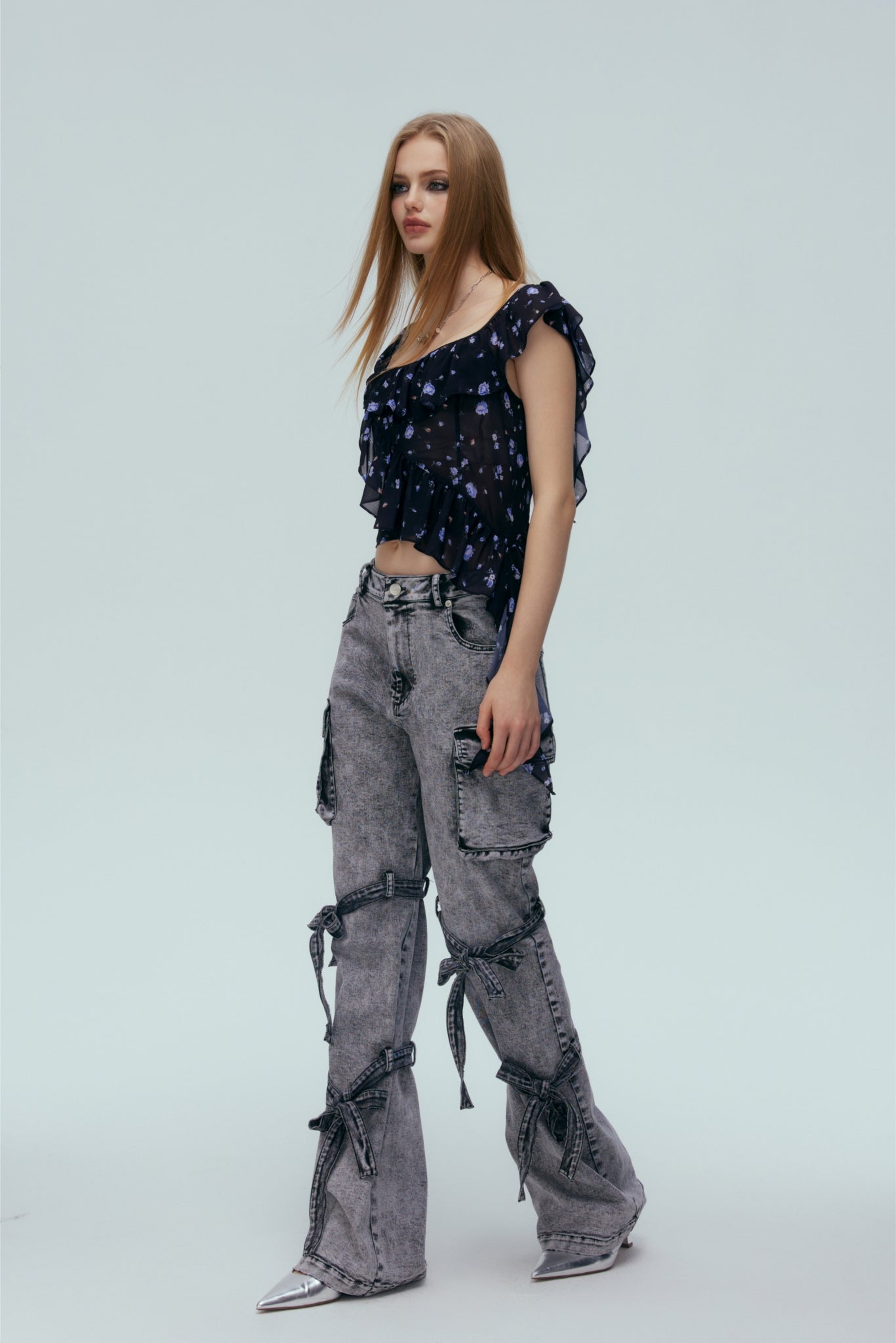 Navy & Blue Floral Asymmetric Top