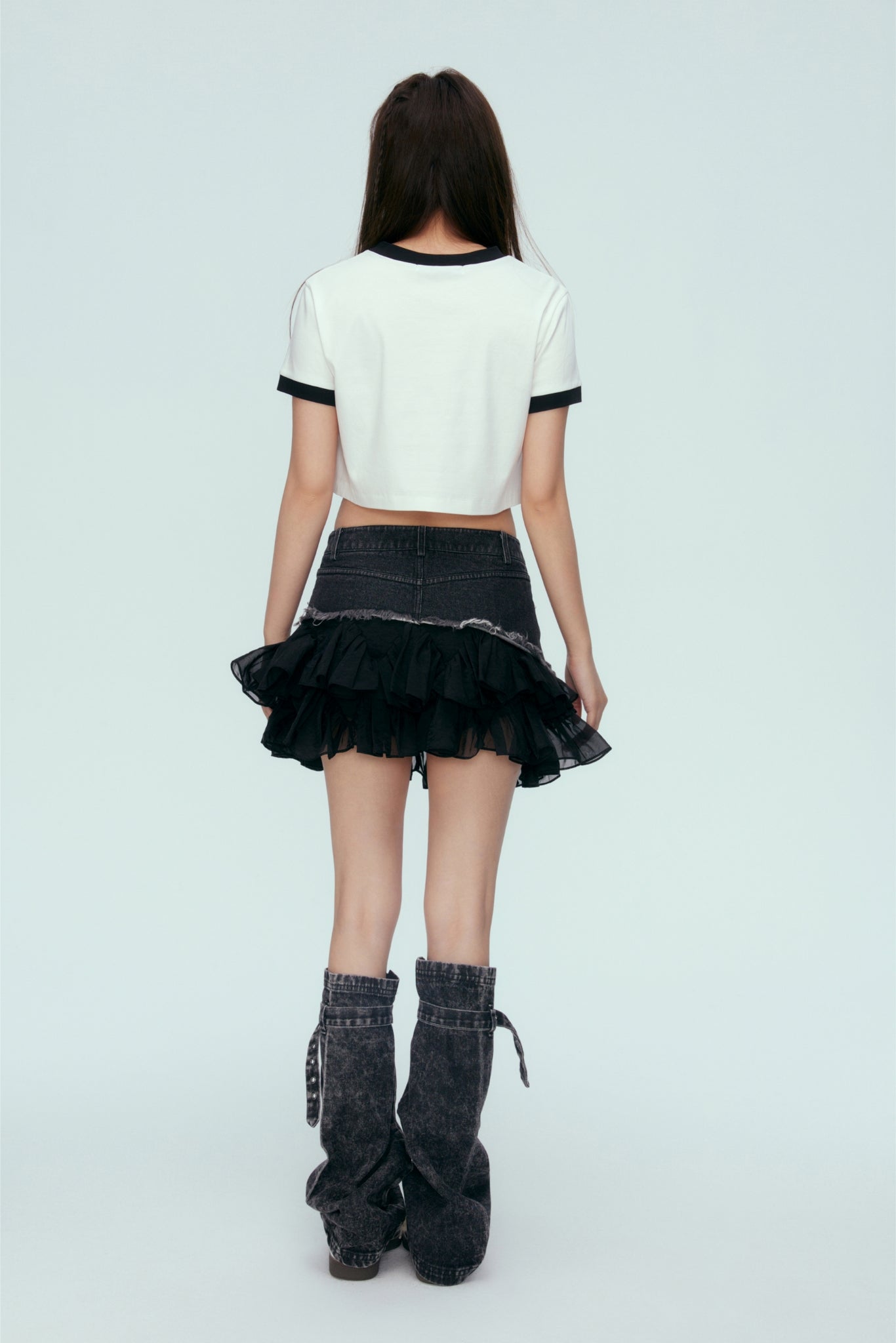 Black Denim Panel Pleated Tulle Skirt