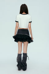 Black Denim Panel Pleated Tulle Skirt