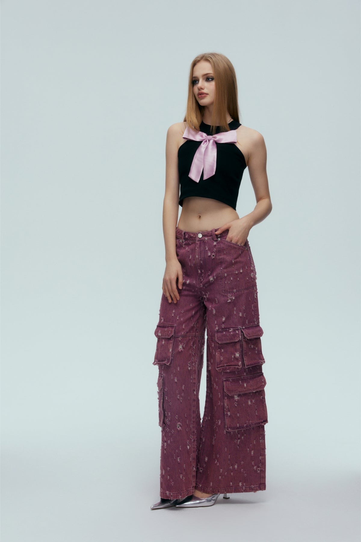 Purple Bullet Hole Ripped Cargo Pocket Jeans