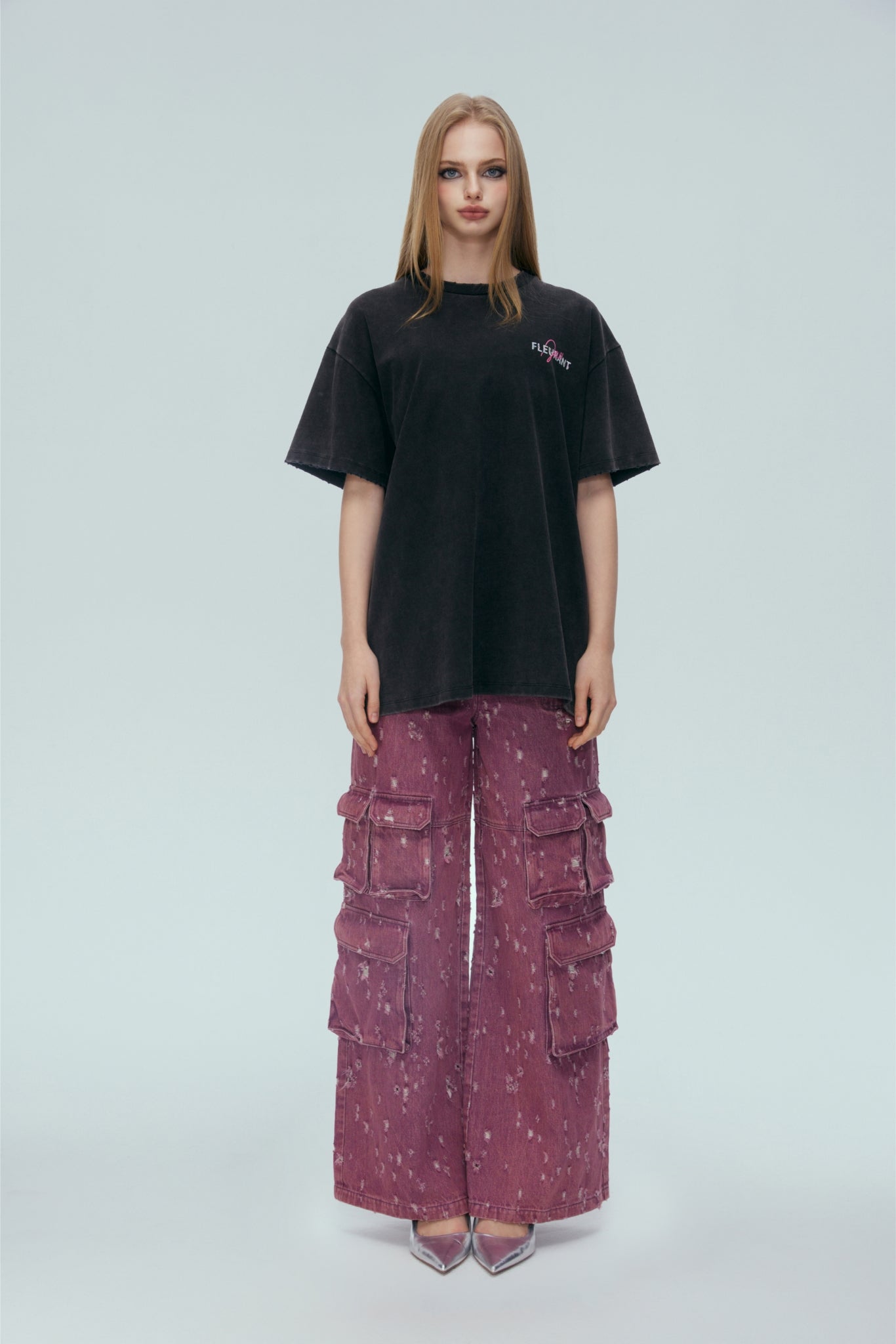 Washed Pink Floral Logo Short Sleeve Top