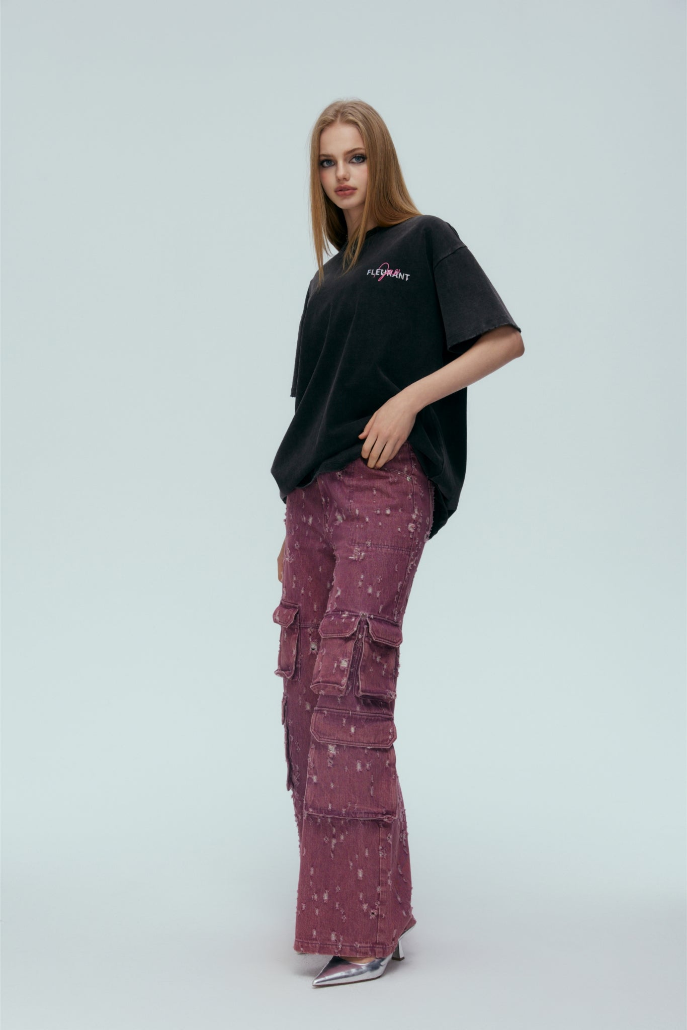 Washed Pink Floral Logo Short Sleeve Top