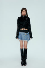 Velvet Half-Zip Rhinestone Logo Tie-Detail Hoodie