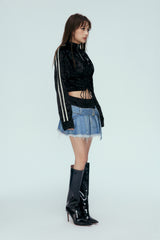 Velvet Half-Zip Rhinestone Logo Tie-Detail Hoodie