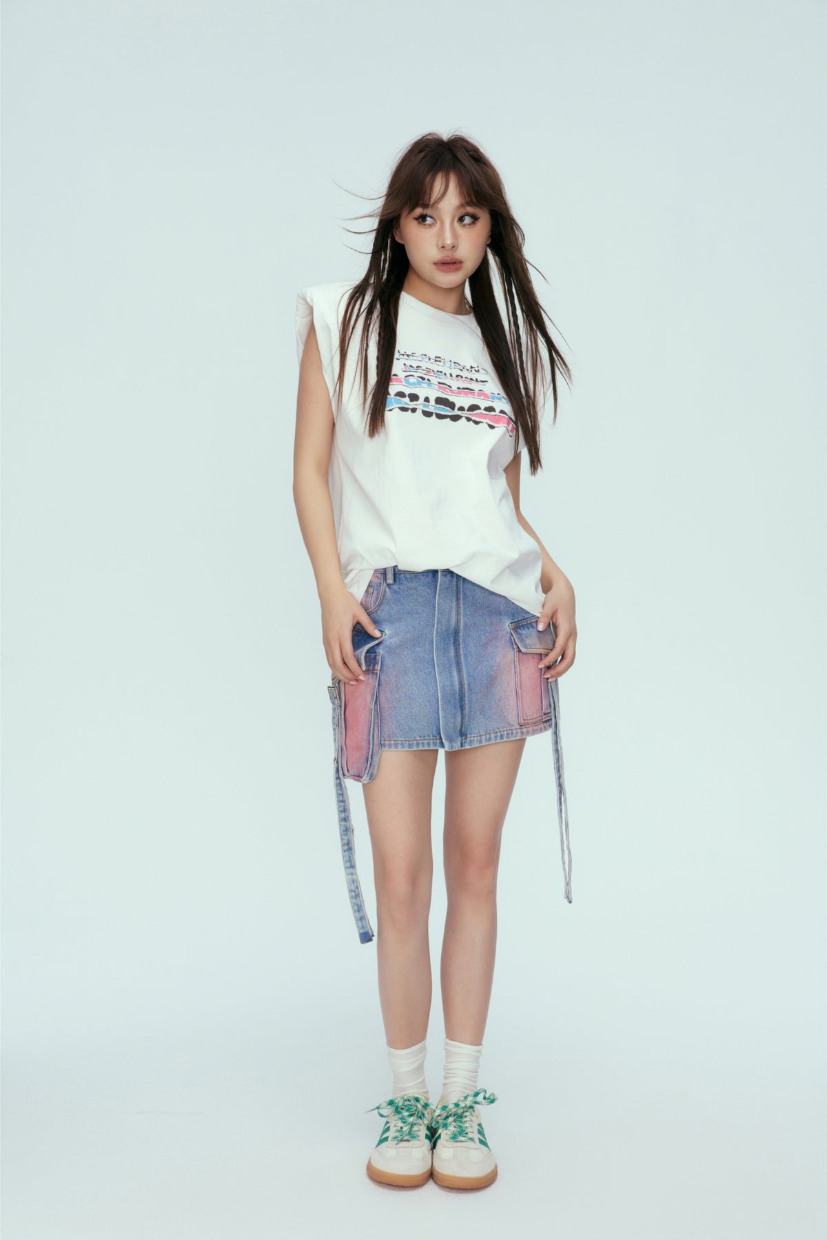 Blue Washed Tie-Detail Pocket Denim Mini Skirt