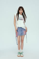 Blue Washed Tie-Detail Pocket Denim Mini Skirt