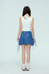 Blue Floral Print Pocket Denim Mini Skirt