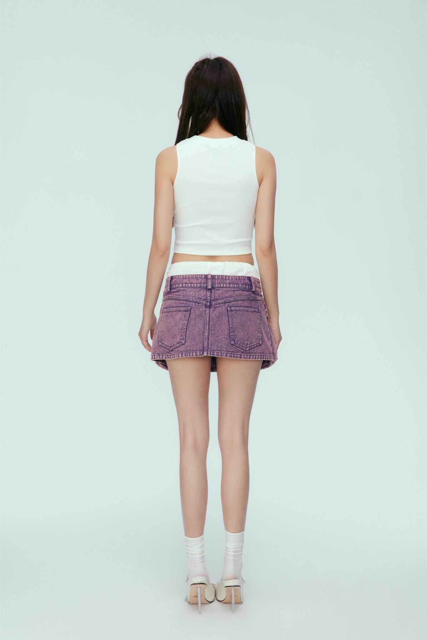 Purple Washed Satin Panel Denim Mini Skirt