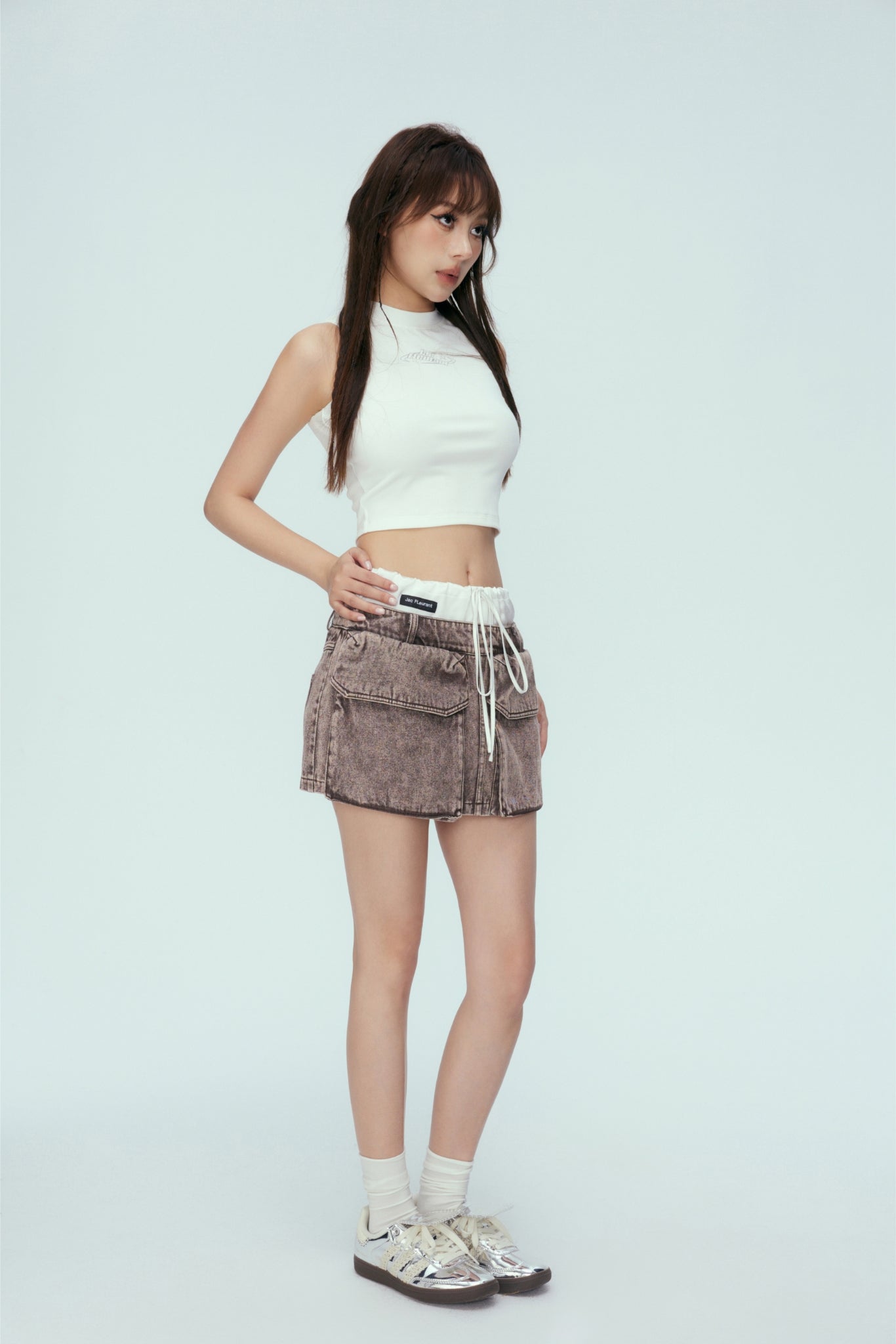 Purple Washed Satin Panel Denim Mini Skirt