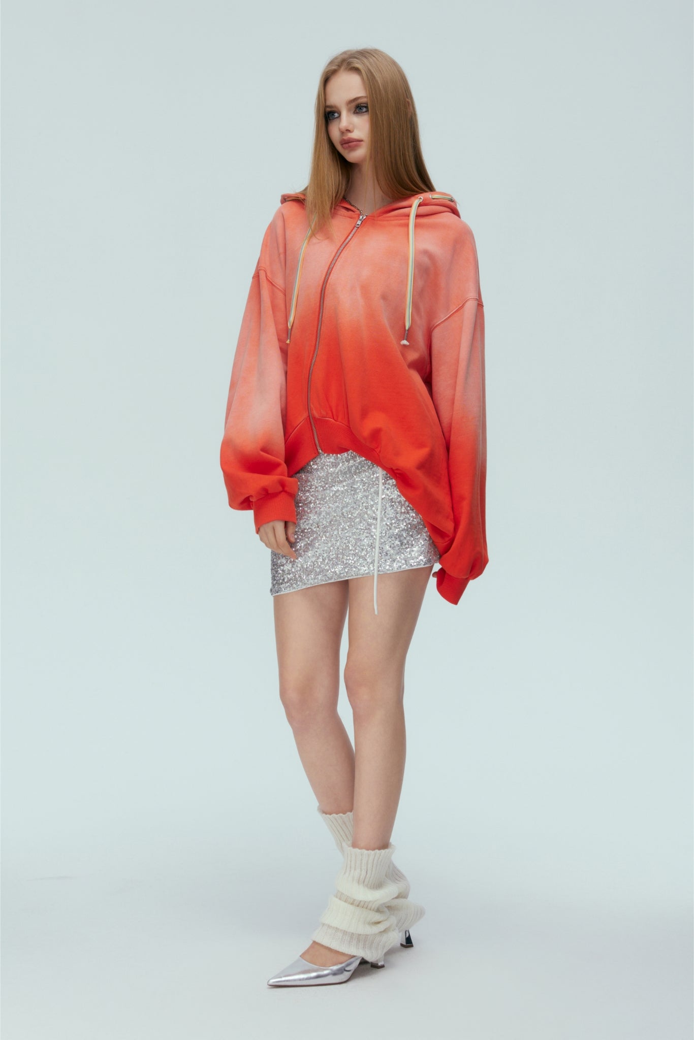 Washed Orange Asymmetric Zip Ombre Back Logo Hoodie