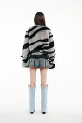 Black & Grey Zebra Print Stand Collar Jacket