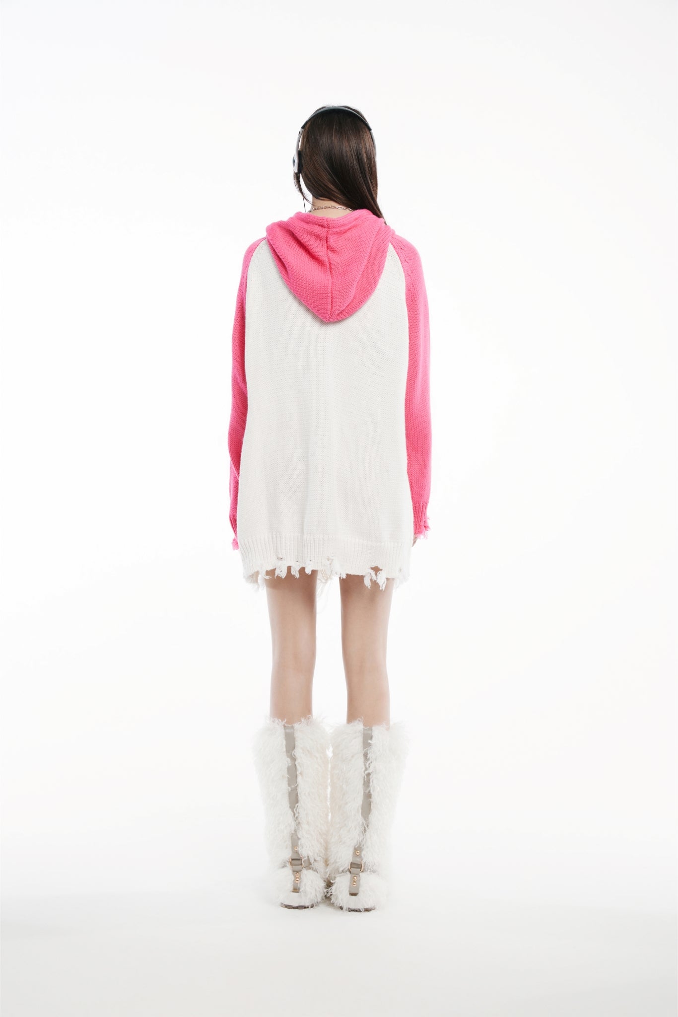 Pink & White Raglan Embroidered Logo Destroyed Hooded Sweater