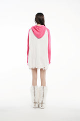 Pink & White Raglan Embroidered Logo Destroyed Hooded Sweater