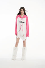 Pink & White Raglan Embroidered Logo Destroyed Hooded Sweater