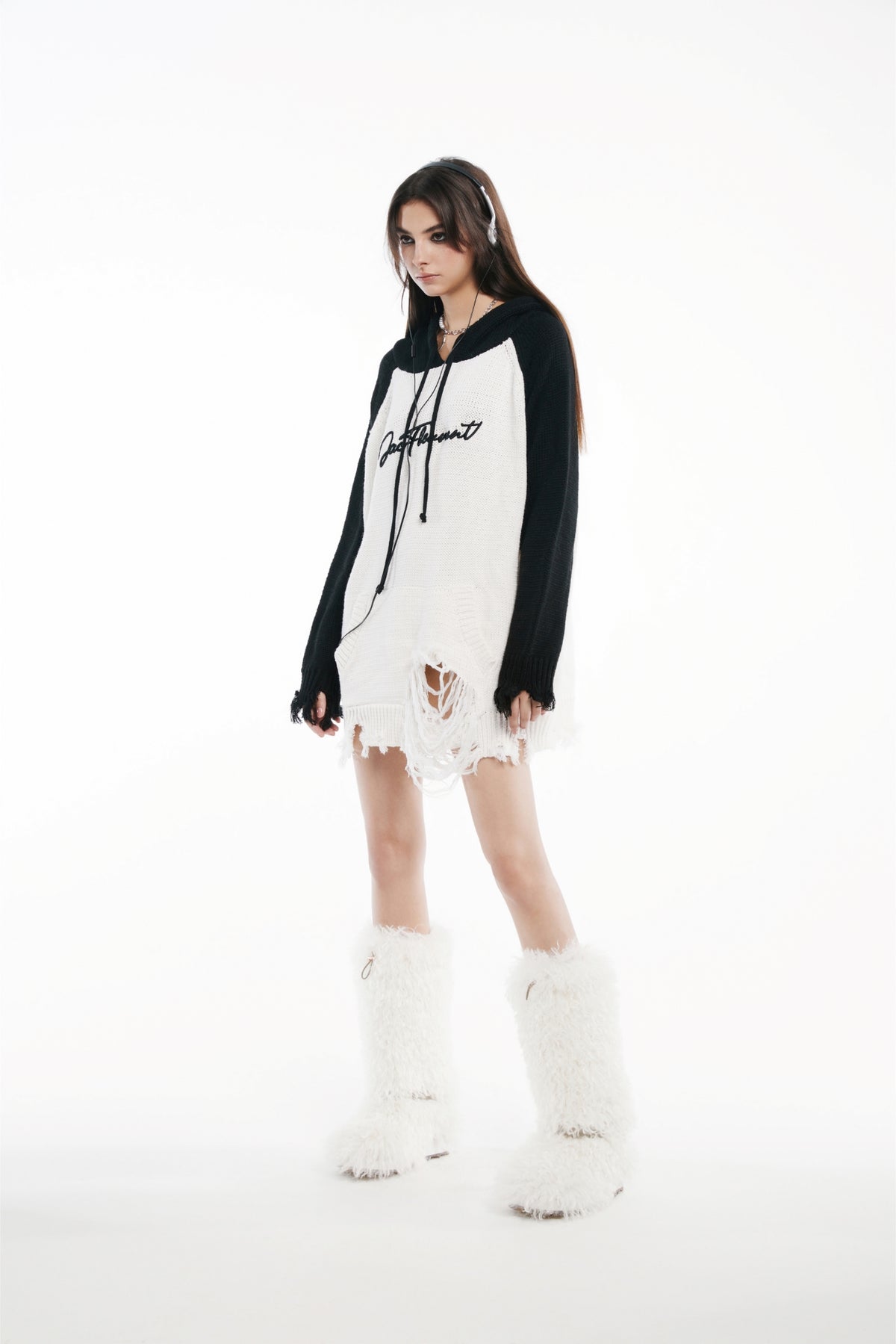 Black & White Raglan Embroidered Logo Destroyed Hooded Sweater