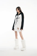 Black & White Raglan Embroidered Logo Destroyed Hooded Sweater