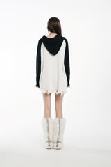 Black & White Raglan Embroidered Logo Destroyed Hooded Sweater
