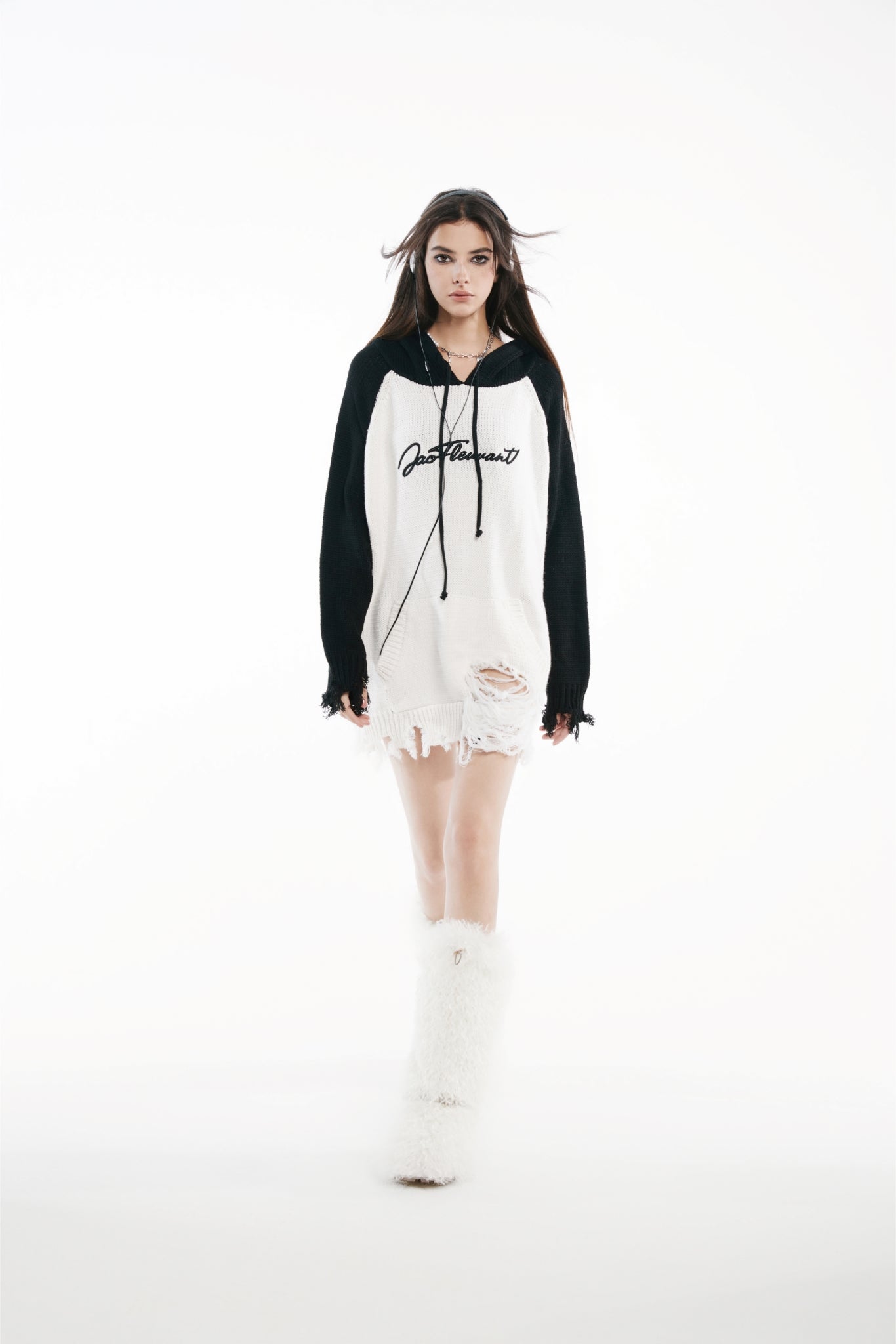 Black & White Raglan Embroidered Logo Destroyed Hooded Sweater