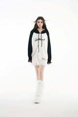 Black & White Raglan Embroidered Logo Destroyed Hooded Sweater
