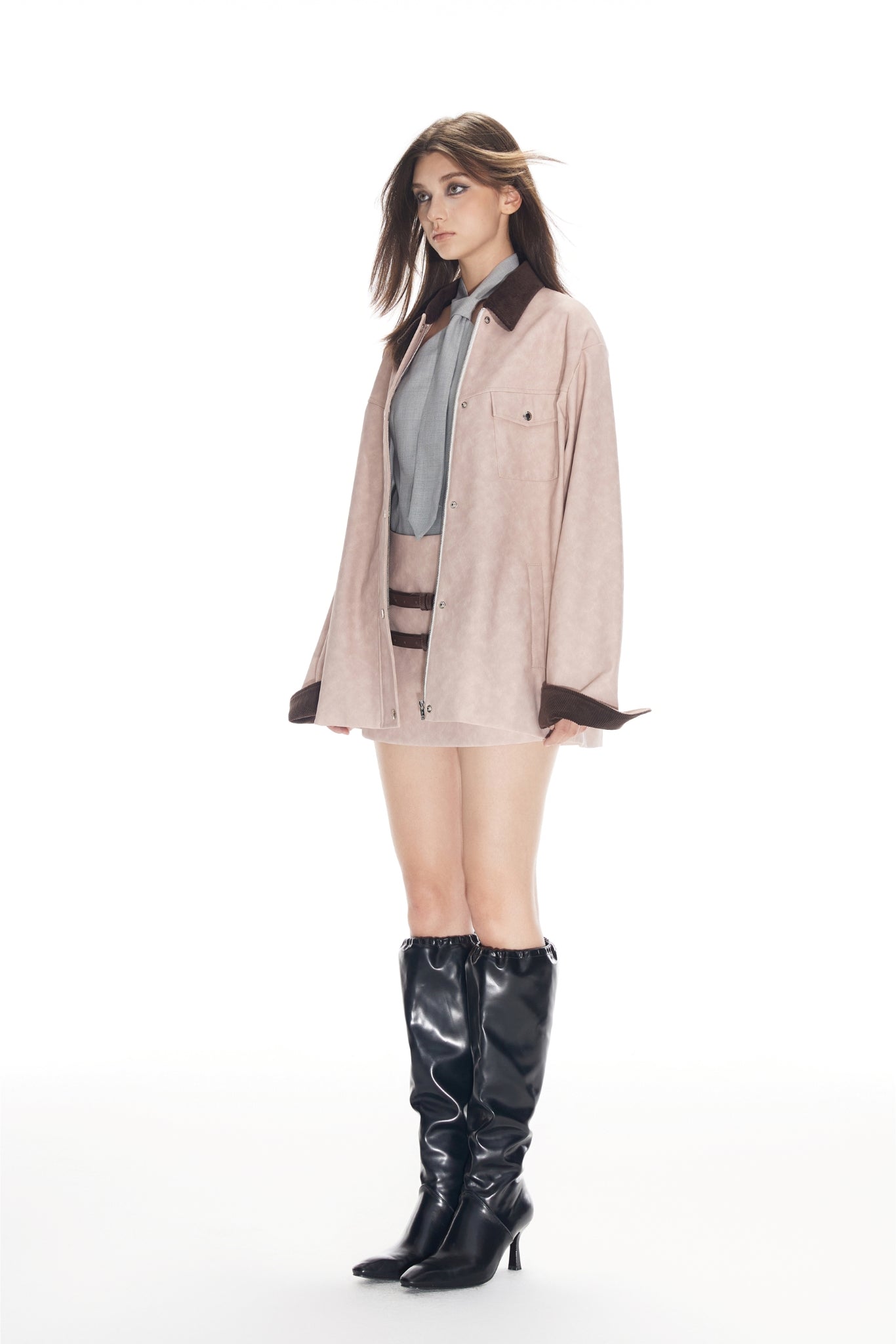 Color Block Pink Relaxed Fit Leather Jacket - Set