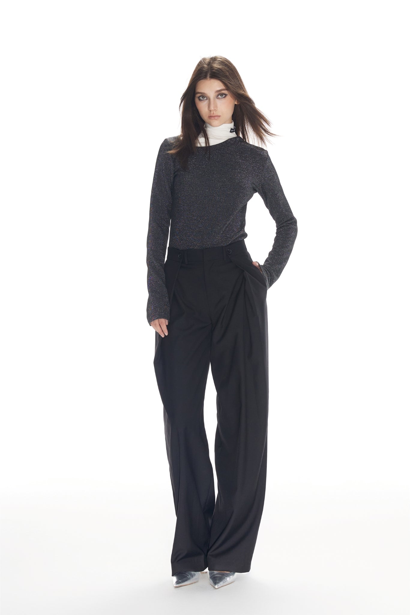 Black Folded Hem Straight Leg Trousers