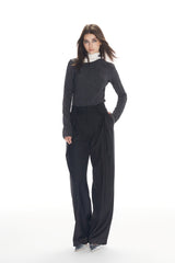 Black Folded Hem Straight Leg Trousers