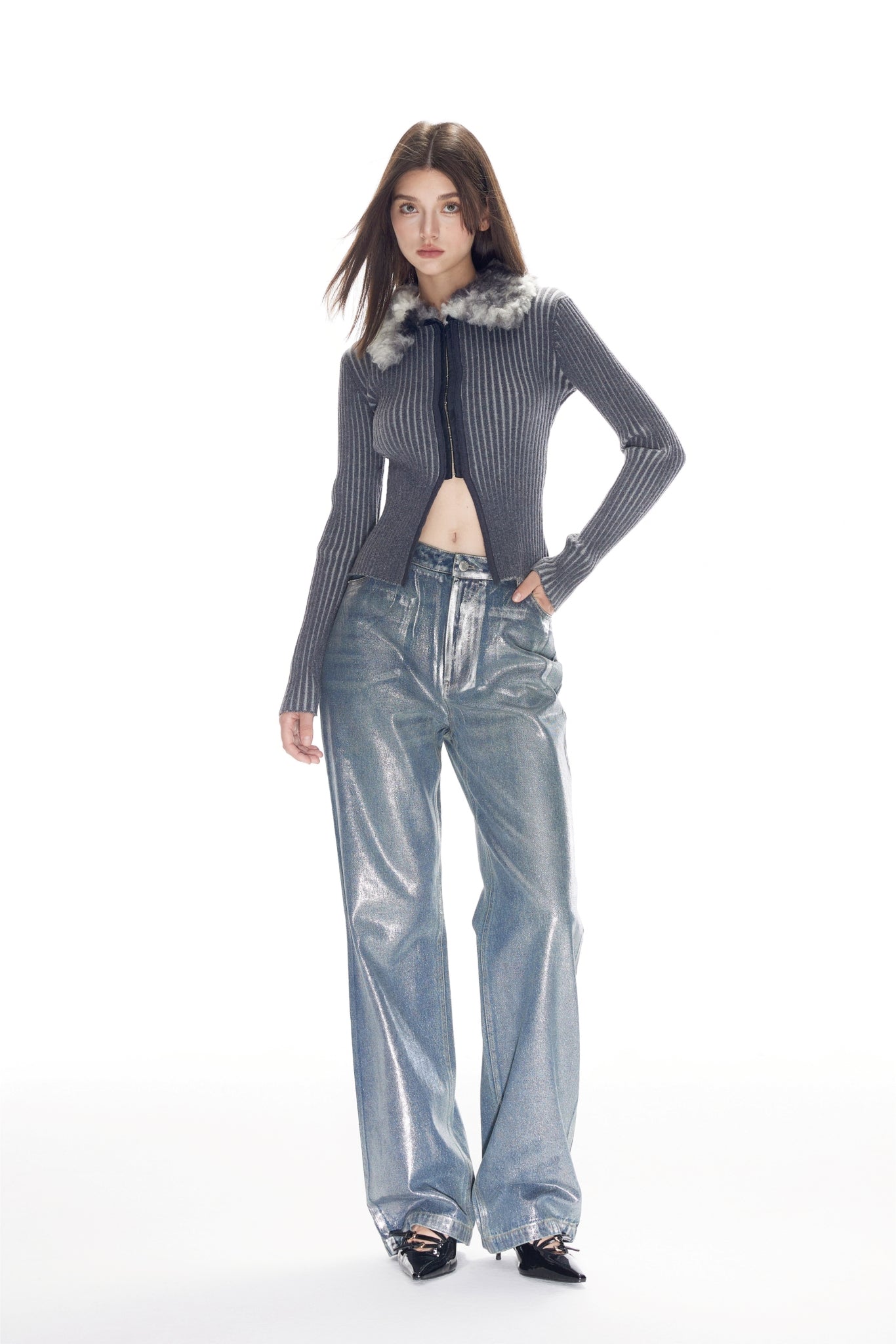 Blue Silver Foil Straight Leg Jeans
