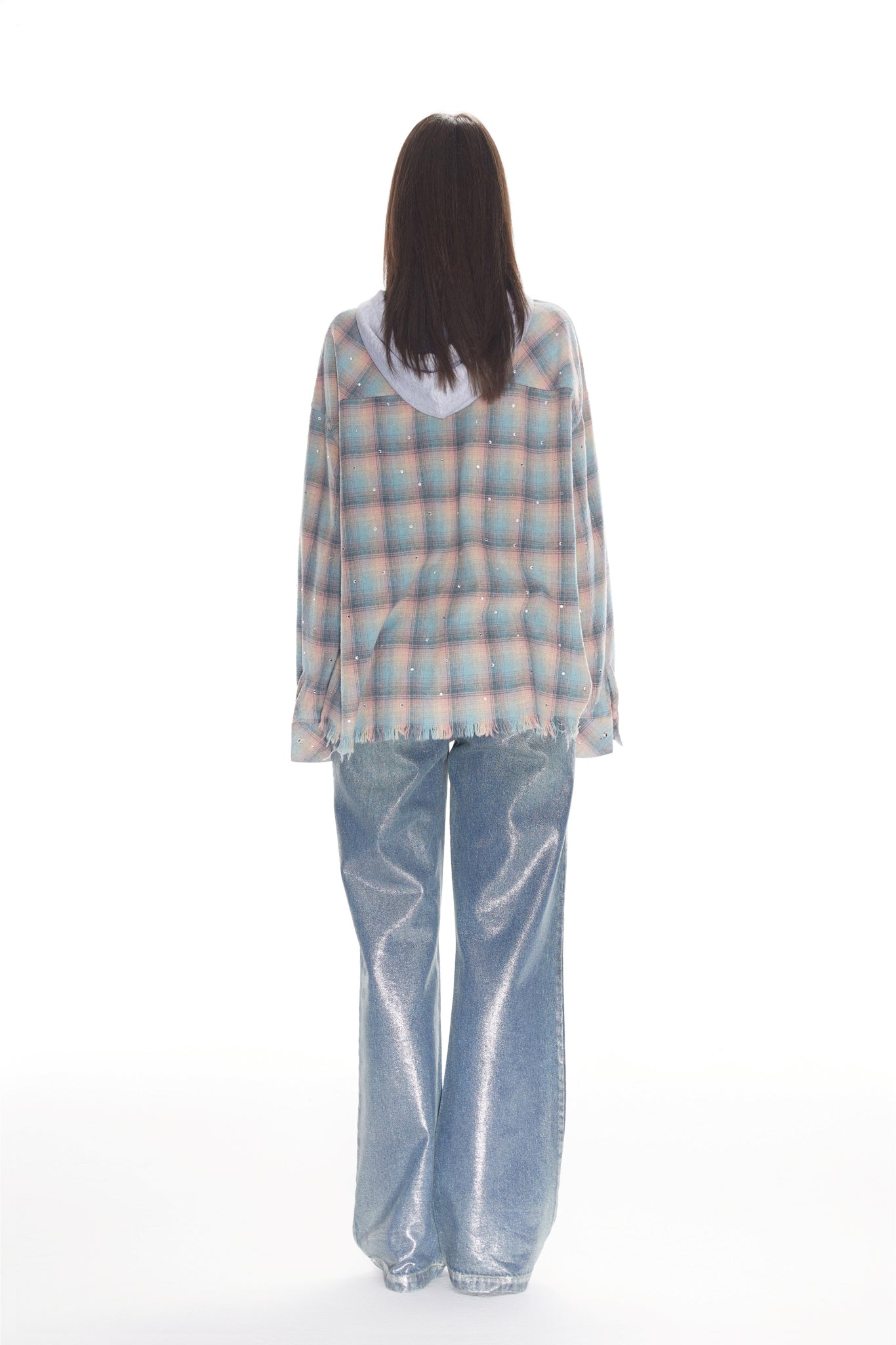 Plaid Starry Sky Rhinestone Grey Hooded Shirt
