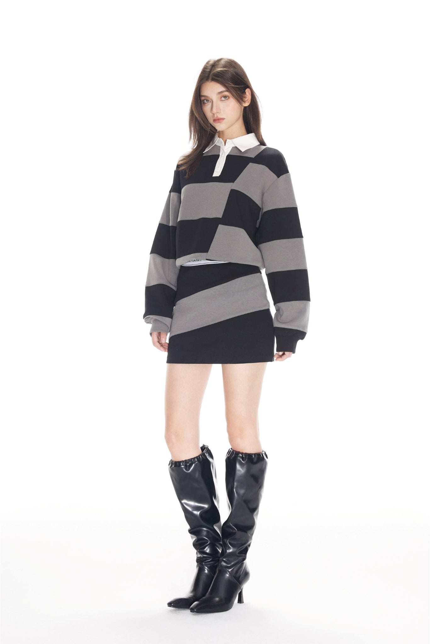 Black & Grey Striped Elastic Ribbing Polo Dress