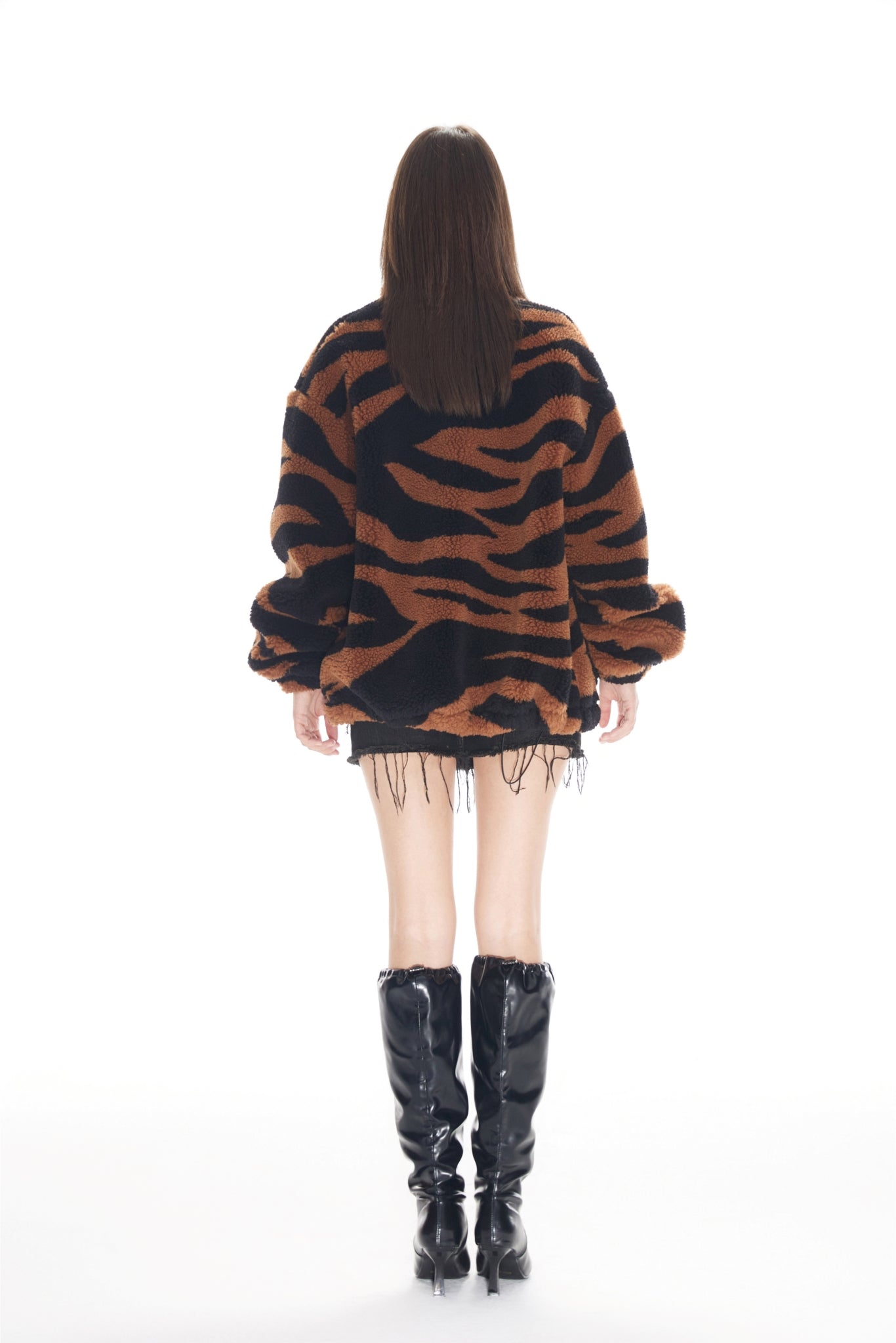 Black & Brown Tiger Print Zip Faux Fur Jacket