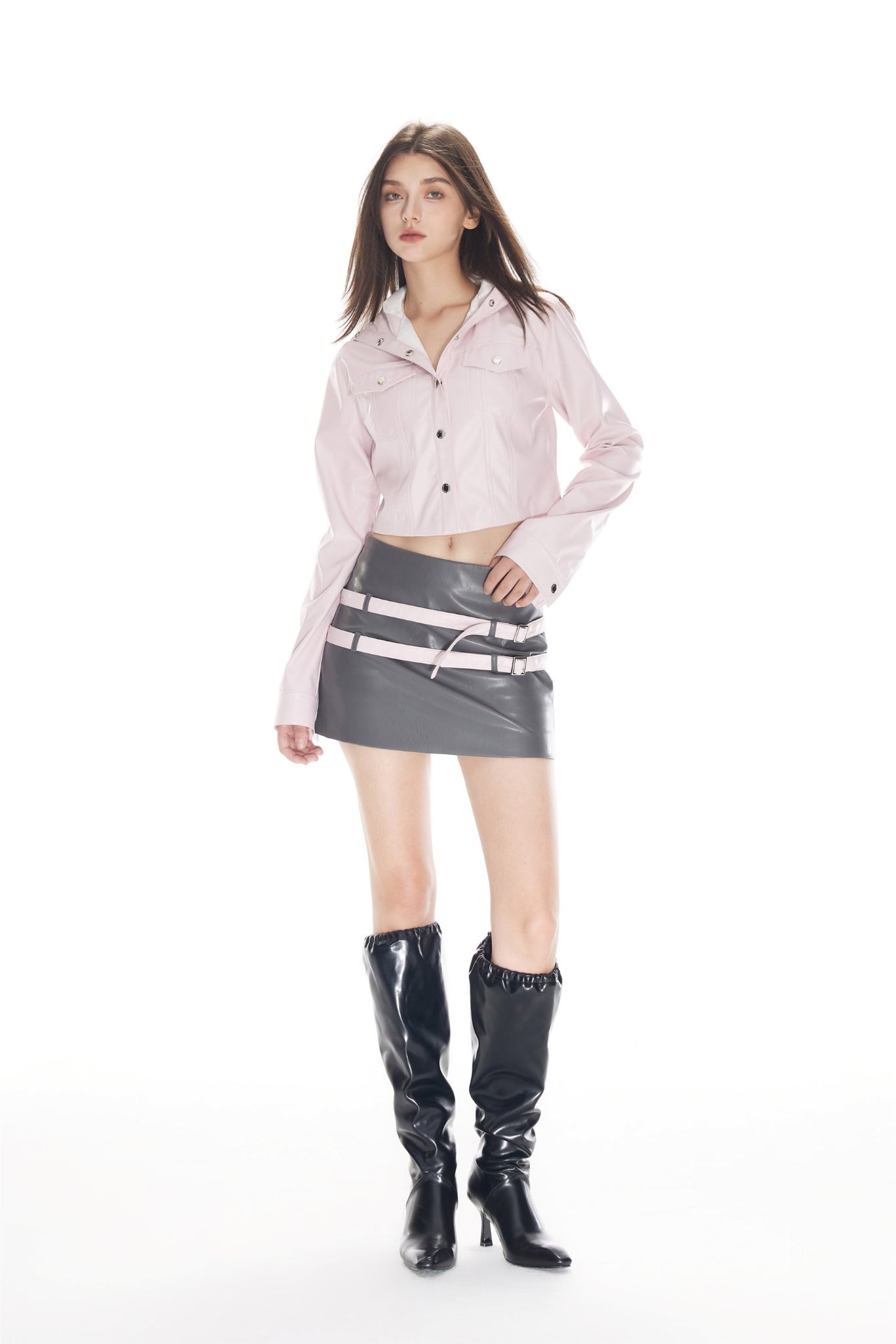 Grey Faux Leather Belted Mini Skirt