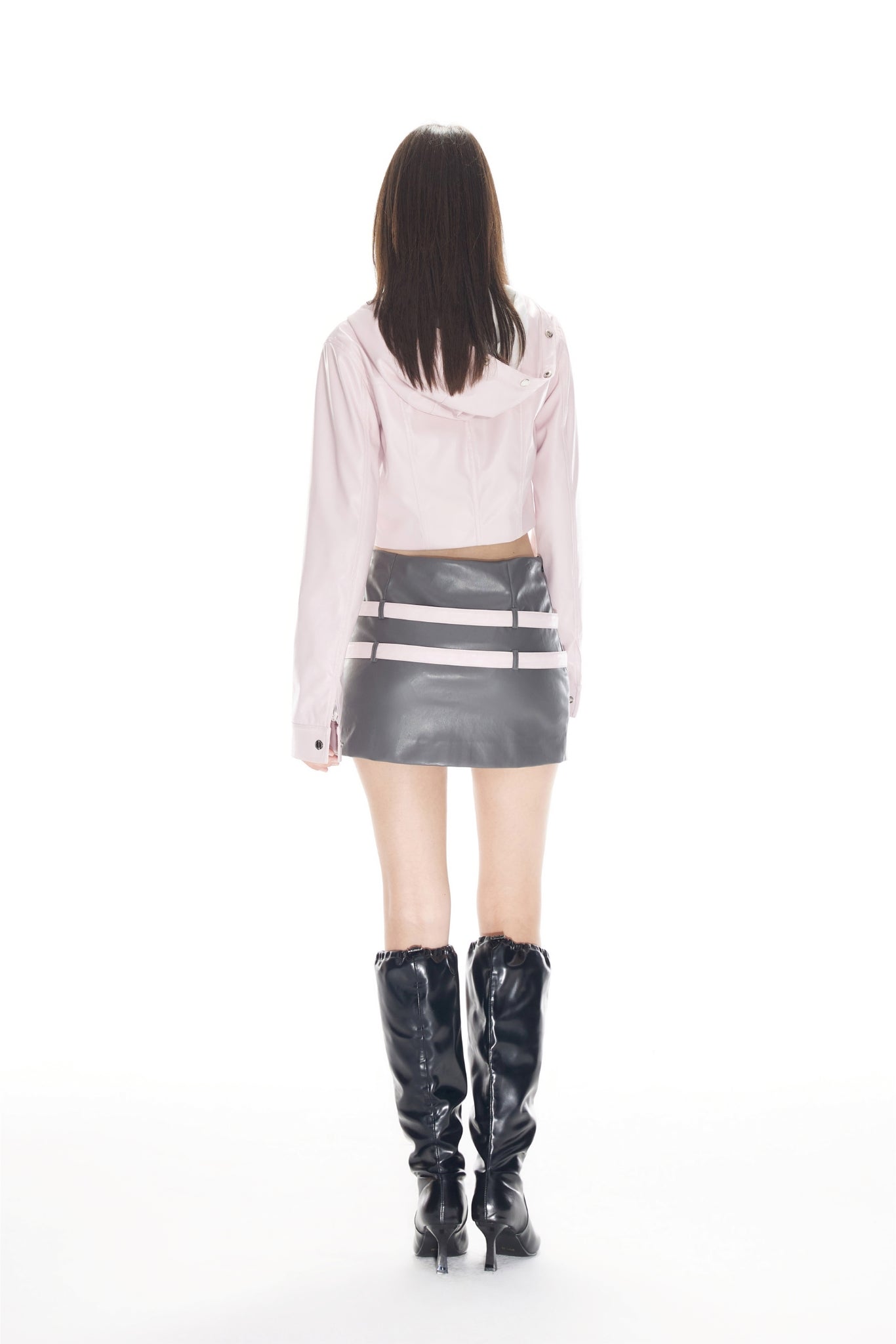 Grey Faux Leather Belted Mini Skirt