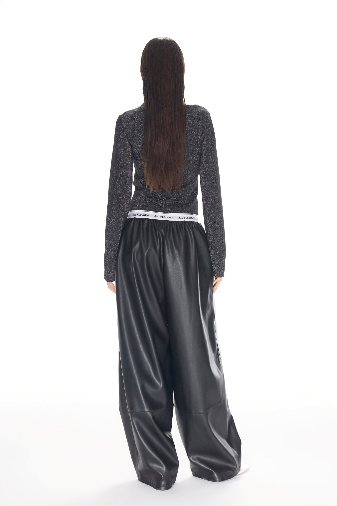 Logo Elastic Ribbing Wide-Leg Leather Pants