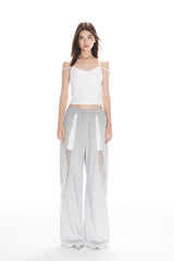 Grey Mesh & Crystal Panel Wide-Leg Sweatpants