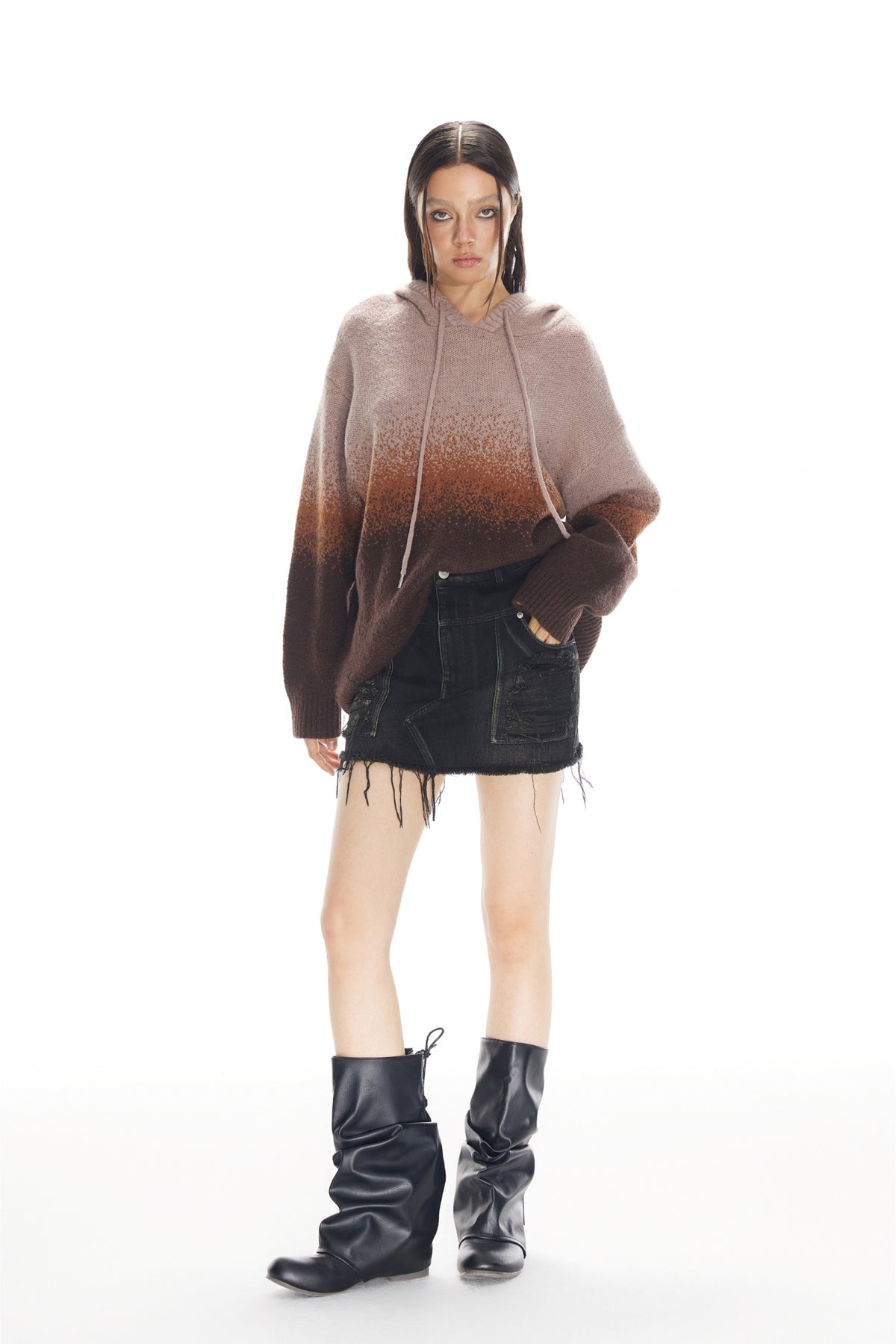 Black & Brown Ripped Raw Edge Denim Mini Skirt