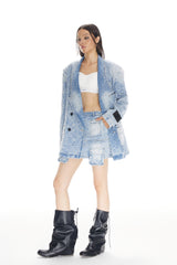 Blue Waterwash Bullet Hole Destroyed Pocket Denim Mini Skirt - Set