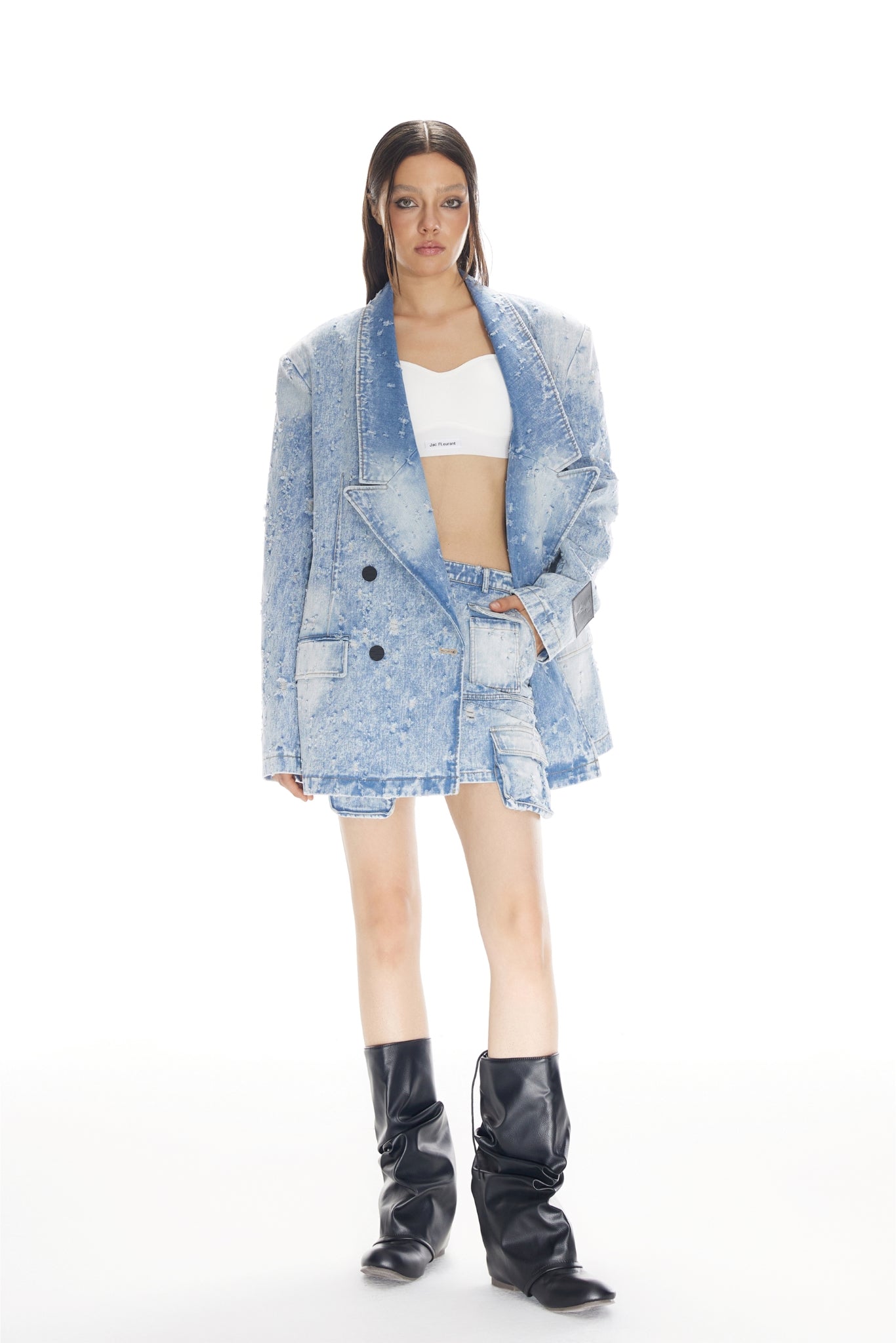 Blue Waterwash Bullet Hole Destroyed Pocket Denim Mini Skirt - Set