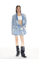 Blue Waterwash Bullet Hole Destroyed Pocket Denim Mini Skirt - Set