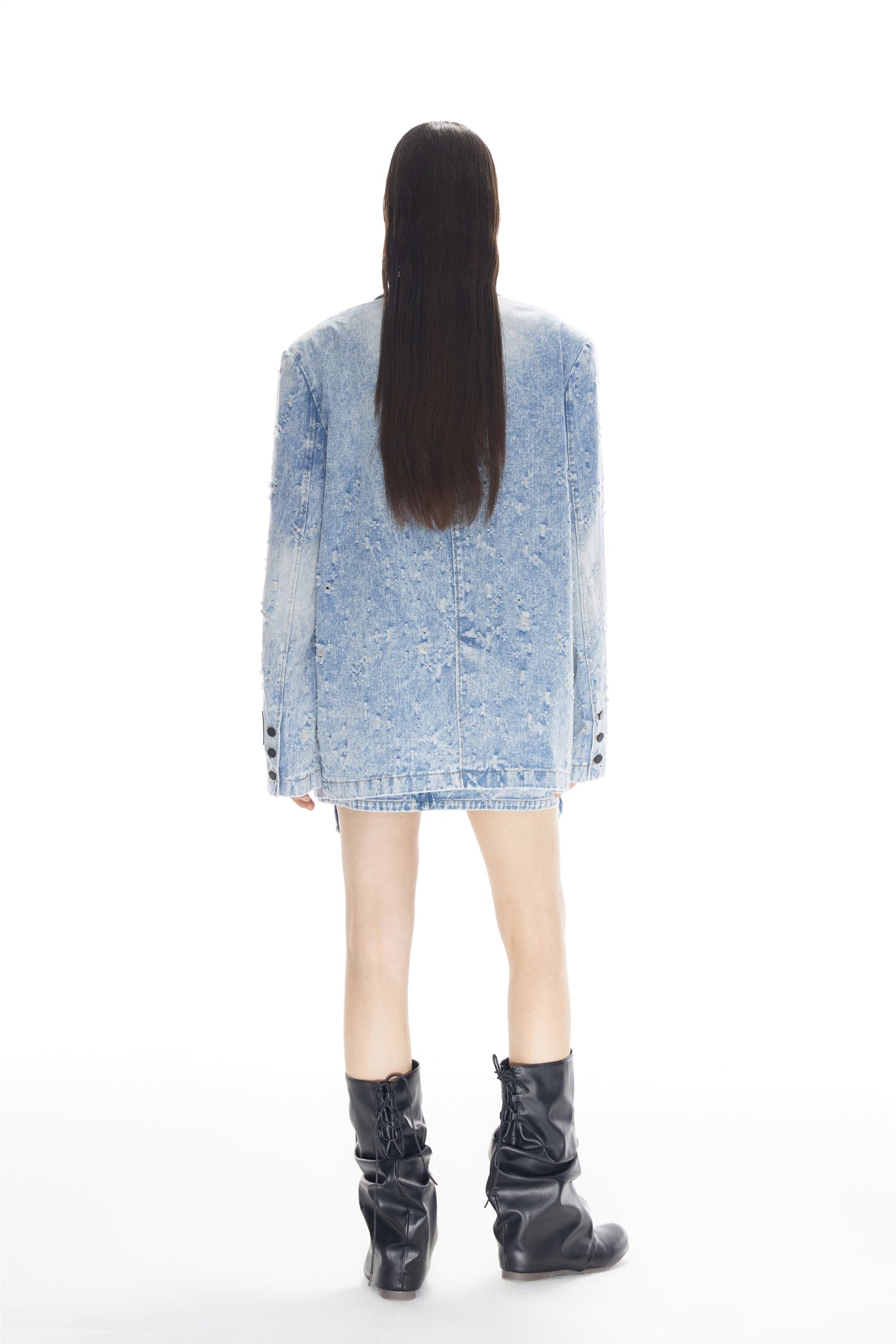Blue Waterwash Bullet Hole Destroyed Pocket Denim Mini Skirt - Set